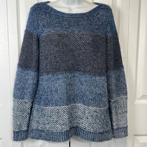 Tribal Sweaters - Tribal Blue White Cotton Blend Eyelash Sweater Size Small